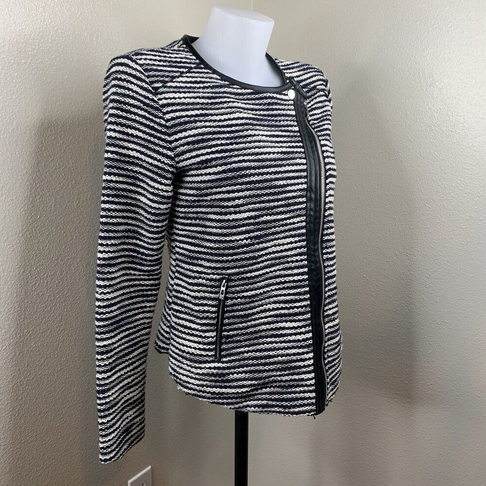 Avec Les Filles Sweater Moto Tweed Faux Leather Trim Asymmetrical Zip Sz M Top